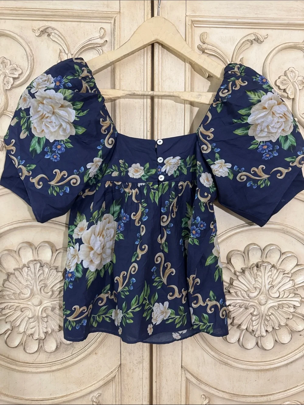 Farm Rio FLOWER TAPESTRY BLUE FLOWERED YOKE BLOUSE Size XSmall